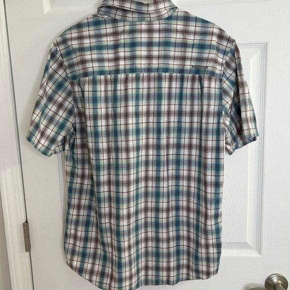 Marmot Shirt Men's Size M Blue White Red Plaid Button Down Short Sleeve - Picture 7 of 8